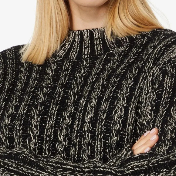 Blanc Noir® Lurex Cable Knit Sweater Size Large Black Silver Crew Neck NEW - Picture 3 of 13